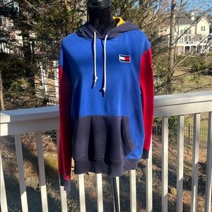 VTG Tommy Hilfiger Blue Hoodie with Red Sleeves